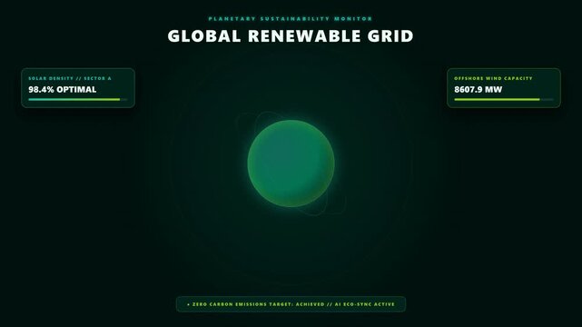 Global renewable grid planetary sustainability monitor HUD interface.