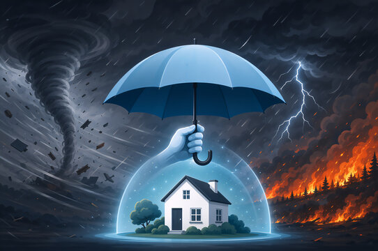 White house under a protective umbrella during a severe storm. Concept of home insurance against natural disaster. Housing safety from hurricane, fire, flood, heavy rain, wind and lightning strike.