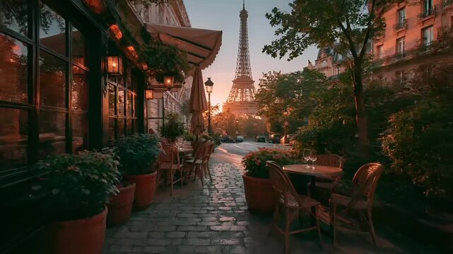 Paris, France, Europe. A vivid portrayal of a Parisian street scene at sunset. The Eiffel Tower stands majestically in the background, illuminated by the warm glow of the setting sun.