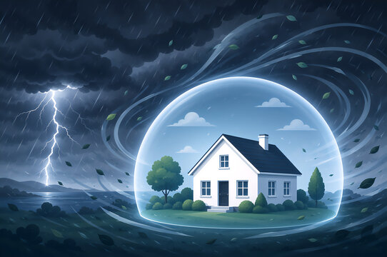 White house under a protective glass shield during a severe storm. Concept of home insurance against natural disaster. Housing safety from hurricane, heavy rain, wind and lightning strike.