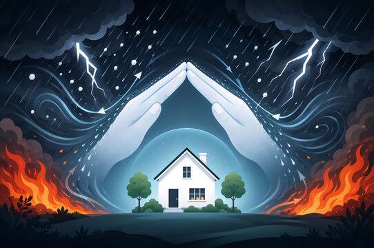 White house under a protective hands during a severe storm and fire. Concept of home insurance against natural disaster. Housing safety from hurricane, heavy rain, wind and lightning strike.
