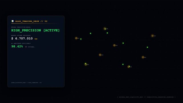 Algorithmic trading desk financial market prediction HUD interface with nodes.