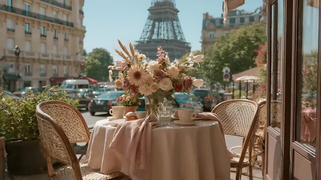 Paris, France, Europe. A vivid, sunlit photograph captures a serene outdoor cafe scene with a view of the Eiffel Tower in the background. The main subject is a table set with a white tablecloth.