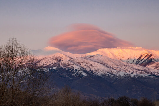 Sunset on a Bulgarian mountain in winter.