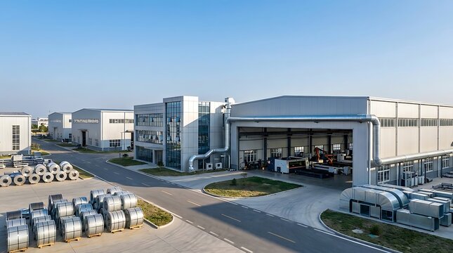 Modern industrial complex featuring factory buildings and organized outdoor storage of metal coils, showcasing efficient production and advanced manufacturing capabilities