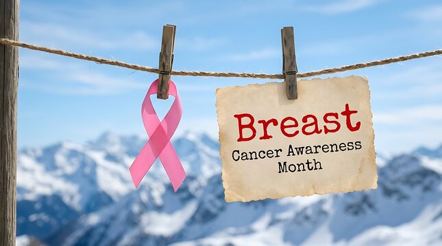 Breast Cancer Awareness Month Pink Breast Cancer Awareness Ribbon and Message Hanging on Clothesline with Snowy Mountain breast cancer