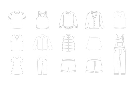 Clothing outlines icon set featuring various apparel fashion design templates