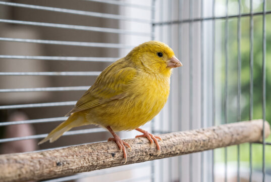 Yellow songbird perched on a wooden dowel inside a cage by a window