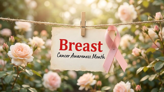 Breast Cancer Awareness Month Pink Breast Cancer Awareness Ribbon and Sign Hanging on Clothesline with Roses pink ribbon