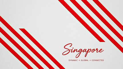 Obraz premium Abstract background featuring diagonal red stripes on a light grey surface with elegant cursive singapore text design element