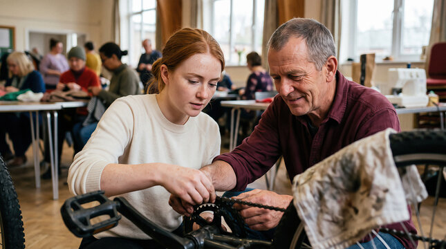 Volunteers Repairing a Bicycle Together at a Community Repair Caf&eacute;