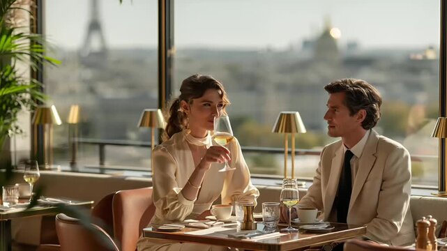 Paris, France, Europe. A vivid portrayal of a man and a woman seated at a luxurious dining table in a modern, upscale restaurant.