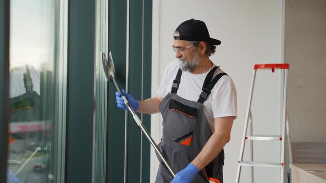 Professional mature cleaner washing office windows