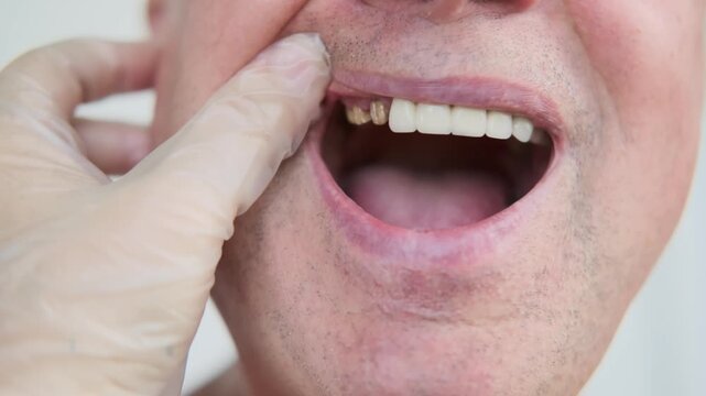 dentist prosthesis examining man Patient mouth, open mouth Mixed natural and prosthetic teeth and gums, dental checkup restoration, oral inspection, stomatology healthcare, medical modern dentistry