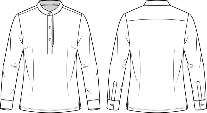 Men's Long Sleeve Henley Shirt With Band Collar Technical Flat Sketch