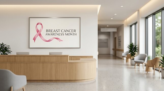 Hospital reception area with wooden desk and large screen showing breast cancer awareness month interior