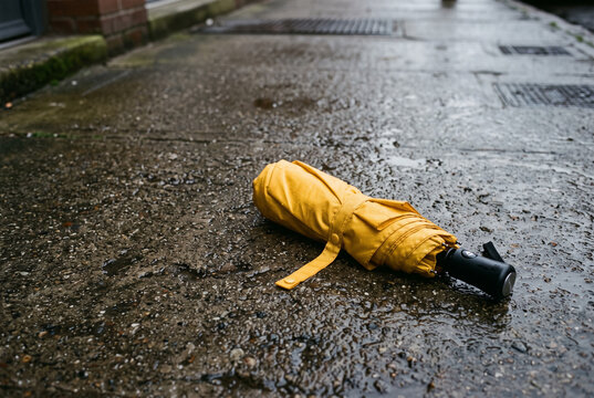 Yellow closed umbrella lying on rain soaked pavement beside a curb