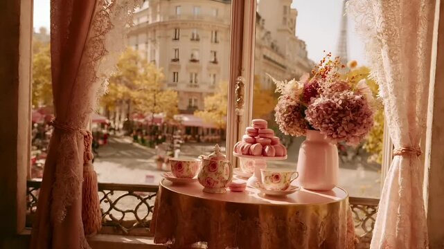 Paris, France, Europe. A vivid portrayal of a Parisianstyle setting, likely a balcony or terrace, with a view of the Eiffel Tower in the background.