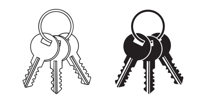 Detailed icon illustration of three metal house keys hanging on circular ring with simple silhouettes.