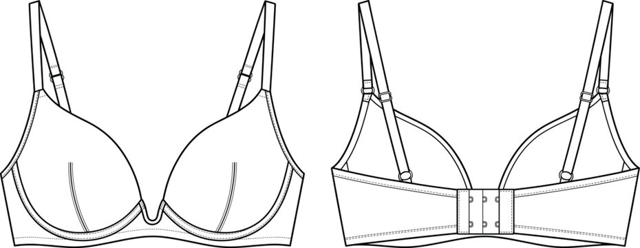 Women's Underwire Push Up Bra Technical Flat Sketch Front and Back View