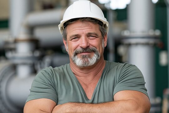 Portrait of a smiling, experienced male industrial worker with a hard hat and graying beard in a factory setting.