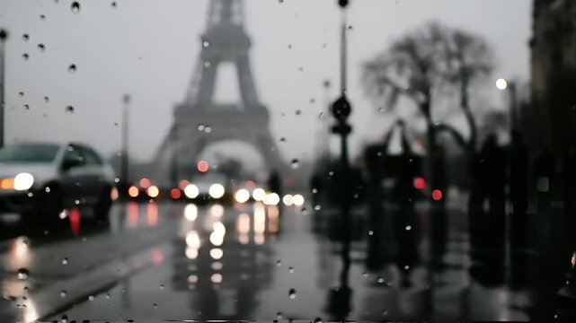 Paris, France, Europe. A moody, atmospheric photograph captures a rainy day in Paris, France. The main subject is the Eiffel Tower, silhouetted against a hazy sky. Raindrops cover the window pane.