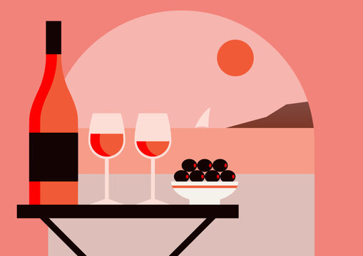 Ros&eacute; Wine Bottle and Glasses on a Table with Ocean View