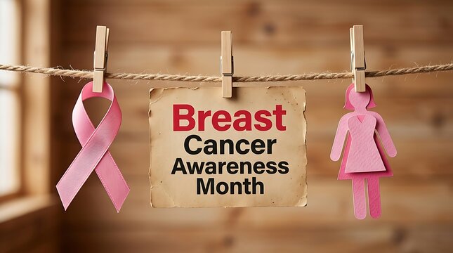 Pink ribbon and female figure hanging on clothesline for Breast Cancer Awareness Month clothespins