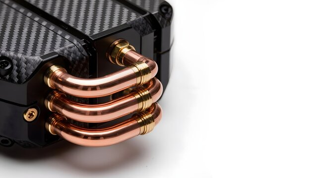 Extreme close-up of high-performance cooling system featuring curved copper heat pipes and carbon fiber textures on white background. 3D render, generative AI.