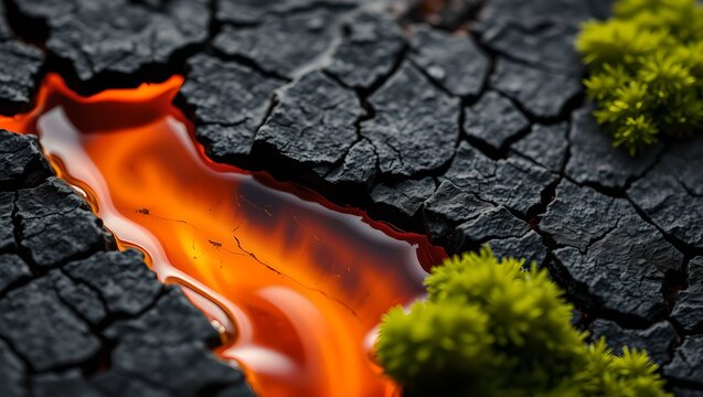 Macro Texture of Charred Shou Sugi Ban Wood with Glowing Amber Resin and Soft Green Moss Background