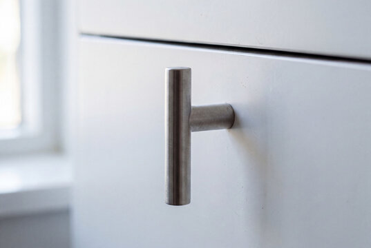 Minimal brushed metal cabinet handle on a white drawer in soft daylight