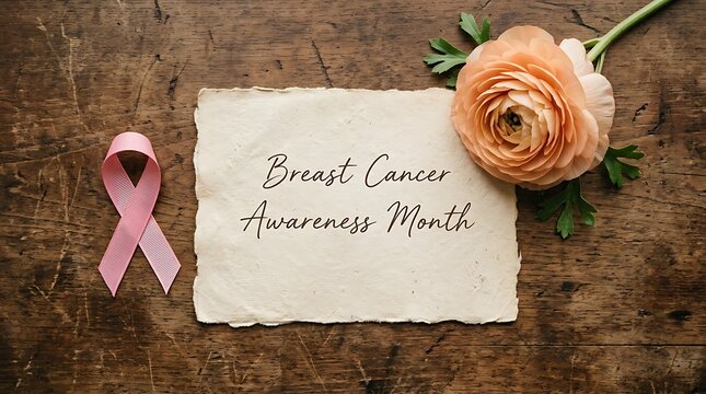 Pink ribbon and peach flower with Breast Cancer Awareness Month message on rustic wood ranunculus