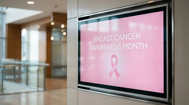 Pink screen shows Breast Cancer Awareness Month text and pink ribbon in a bright modern interior breast cancer awareness month, pink ribbon