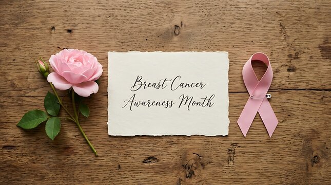 Pink rose and ribbon on rustic wooden for Breast Cancer Awareness Month pink ribbon flower