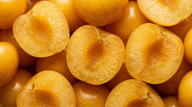 Fresh yellow plums cut in half showing juicy pulp close up macro