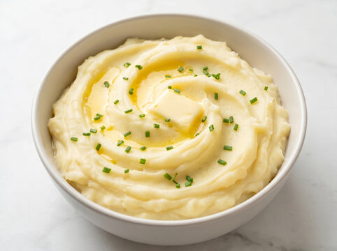 Creamy mashed potatoes with melted butter and chives in a white bowl