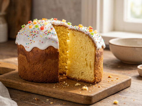 Sliced traditional Easter cake with white icing on a wooden board