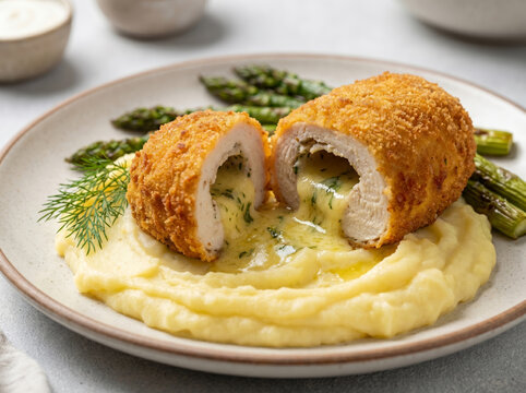 Sliced Chicken Kiev cutlet with melted butter over mashed potatoes and asparagus
