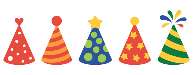 Obraz premium Party Hat Icons Featuring Hand Drawn Birthday Celebration Accessories for Festival Carnival Event and Festive Decoration Vector