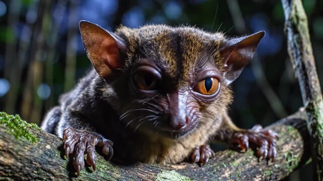 Tiny Tarsier With Enormous Eyes Perched on a Mossy Branch in a Lush Forest