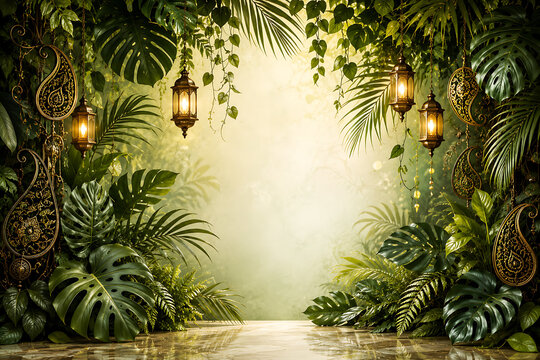Happy hariyali teej and kajari teej tropical botanical background with golden lanterns ornate decorations lush leaves and elegant central copy space festive design