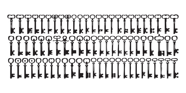 Array of antique keys vector graphics showcasing vintage and classic designs for history themes.