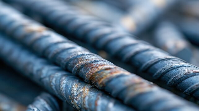 Close-up view of textured rusty rebar steel rods used in construction and concrete reinforcement