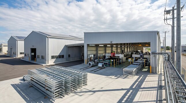Contemporary industrial facility showcasing extensive metal fabrication processes and efficient material handling systems, complemented by sustainable energy installations on its operational buildings