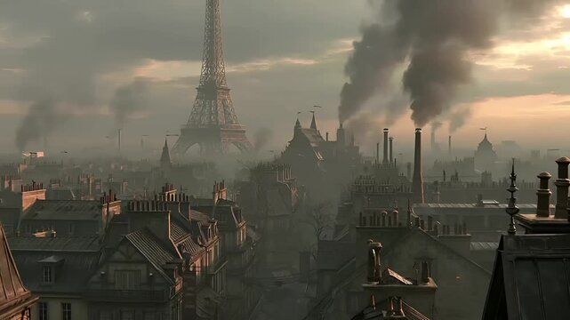 Paris, France, Europe. A detailed, atmospheric depiction of a Parisian cityscape at dusk. The Eiffel Tower stands tall amidst the rooftops, emitting a thick plume of black smoke.