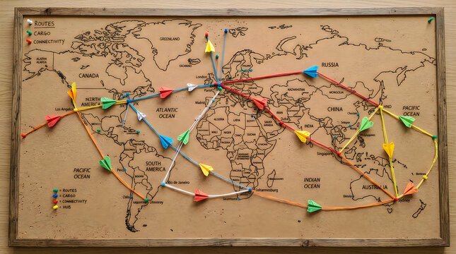 World map with colorful push pins and marked routes, travel plann