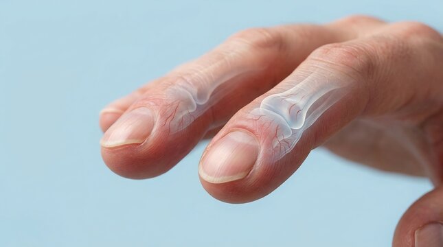 Close-up medical illustration of human fingers with transparent skin showing bone structure and blood vessels on blue background