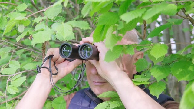person in green bushes observes object through binoculars, espionage, covert surveillance operation, thrill-seeker tracks down target