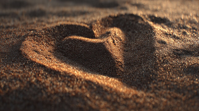 Heart shape outline carved in dark sand during golden sunset