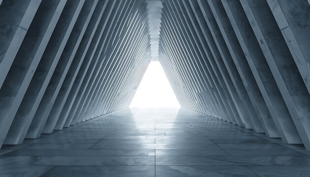 Photorealistic 3D visualization of a monumental silver-grey parametric passage formed from overlapping aerodynamic architectural fins, creating a rhythmic sculptural corridor that gradually narrows